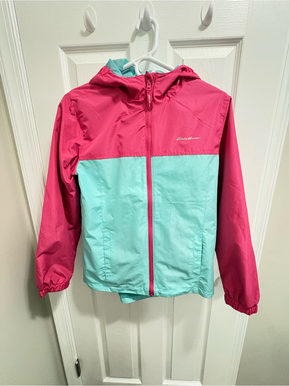 Eddie Bauer Colorblock Hooded Rain Jacket in Pink & Mint